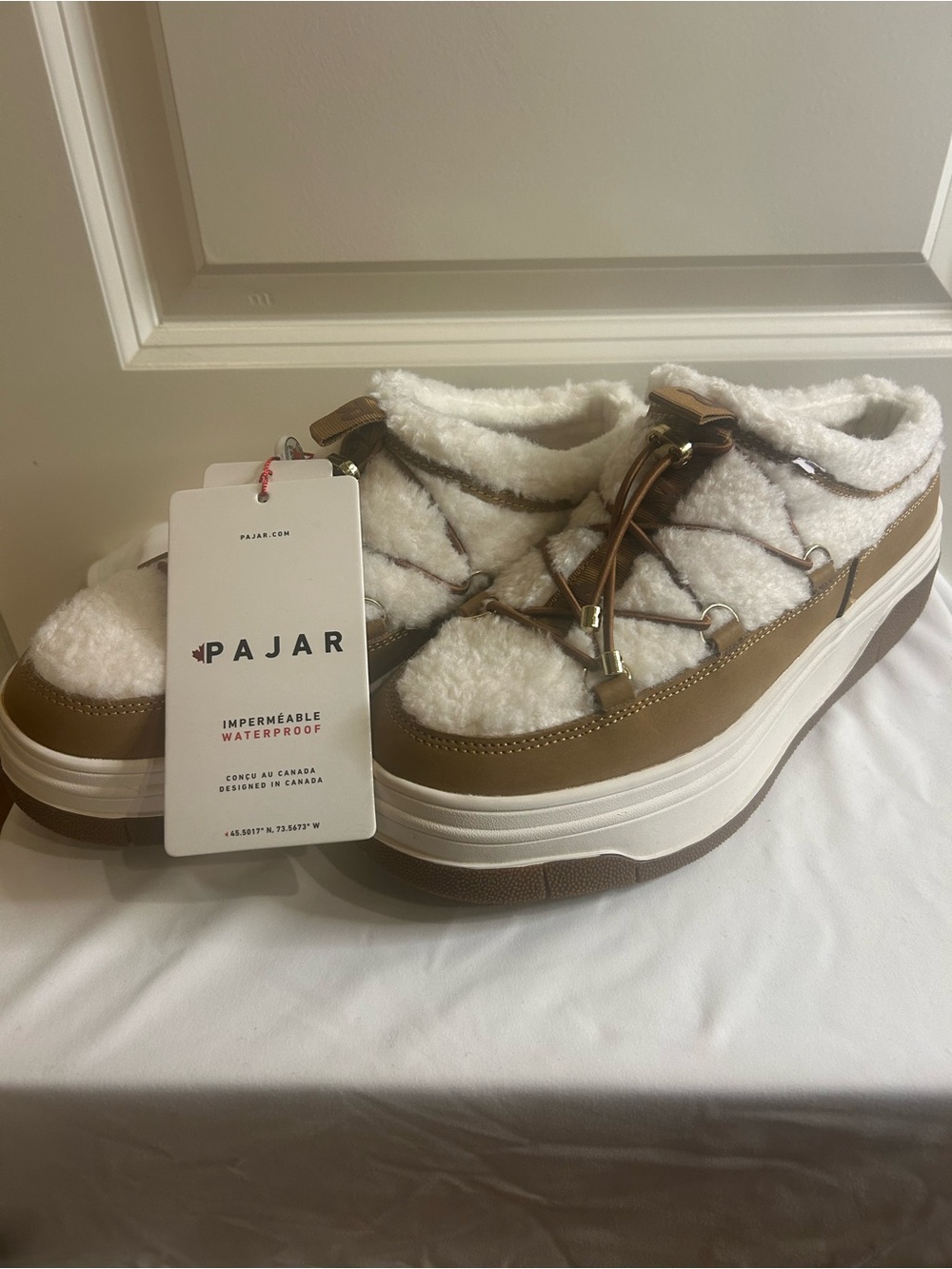 Pajar Women's White Sherpa Platform Sneakers with Brown Trim